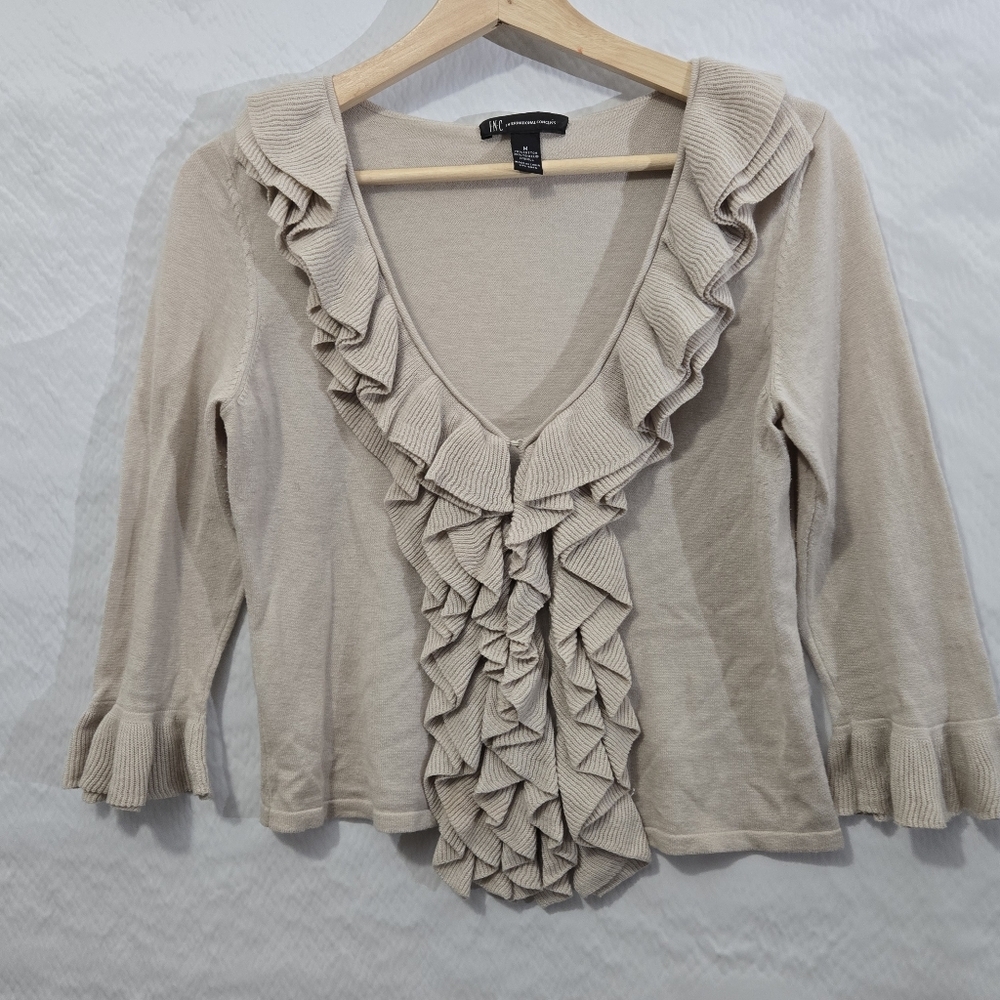 INC International Concepts Ruffled Cardigan‎ Size M Lightweight Beige Neutral